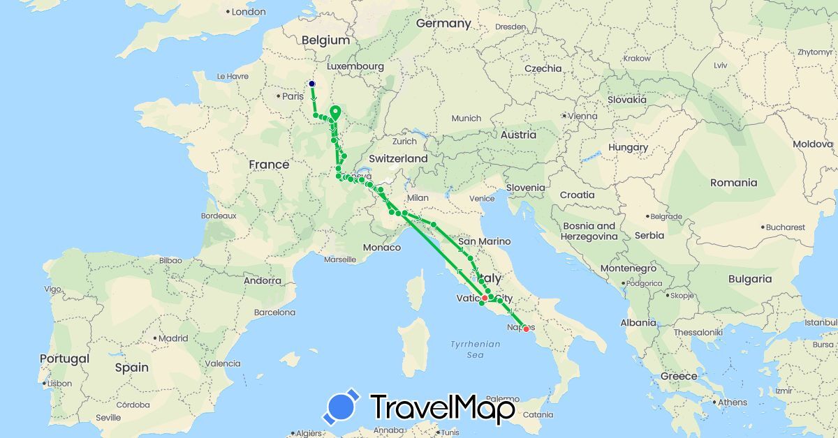 TravelMap itinerary: driving, bus, hiking in France, Italy, Vatican City (Europe)